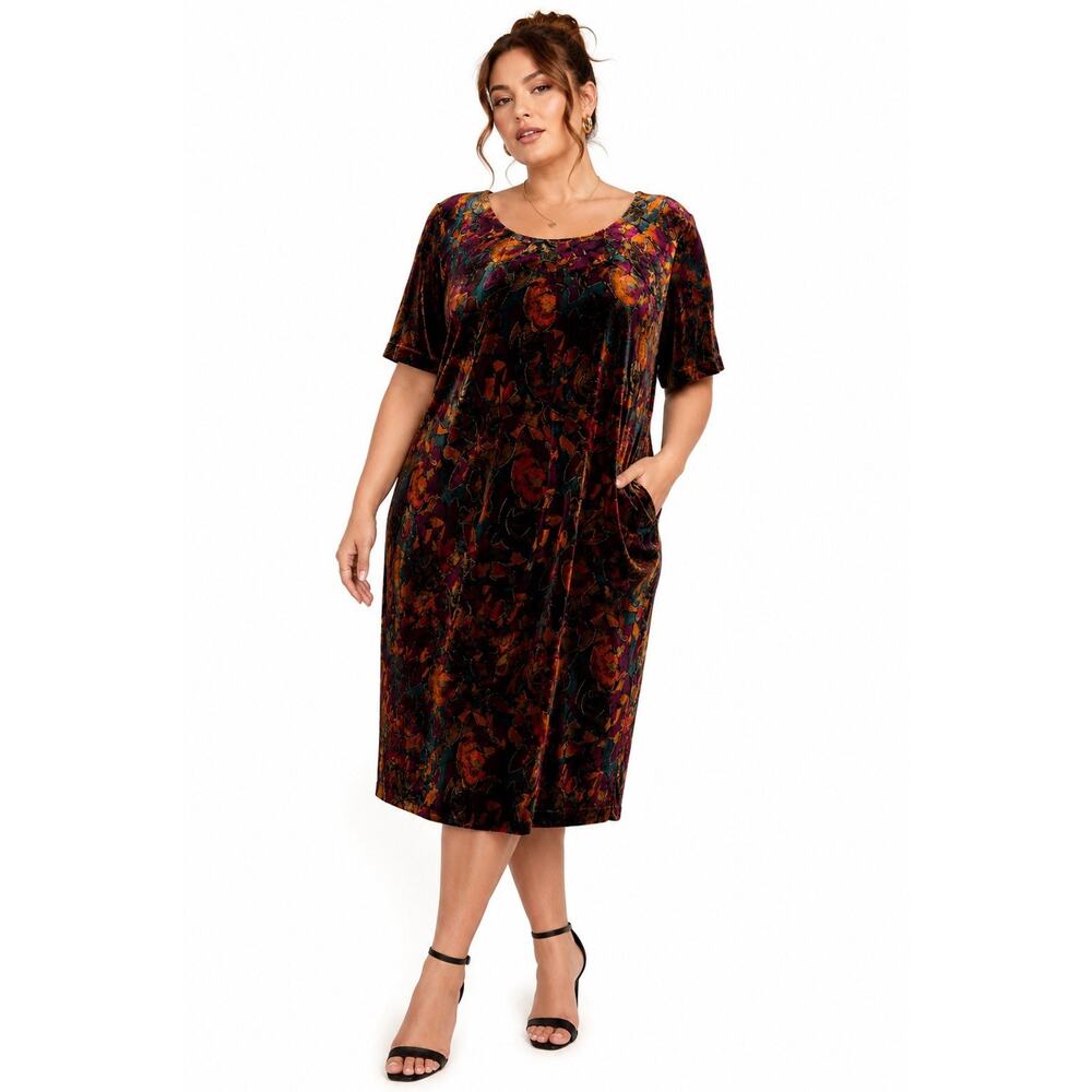 Vintage 80s 90s Jewel Tone Burnout Velvet Dress Metallic Gold Open Back Midi 18W